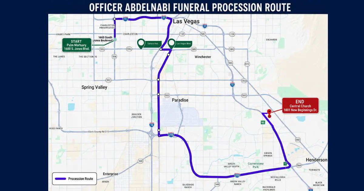 Map of the Las Vegas Metropolitan Police Department's funeral process route for officer Austin Abdelnabi (Las Vegas Metropolitan Police Department).